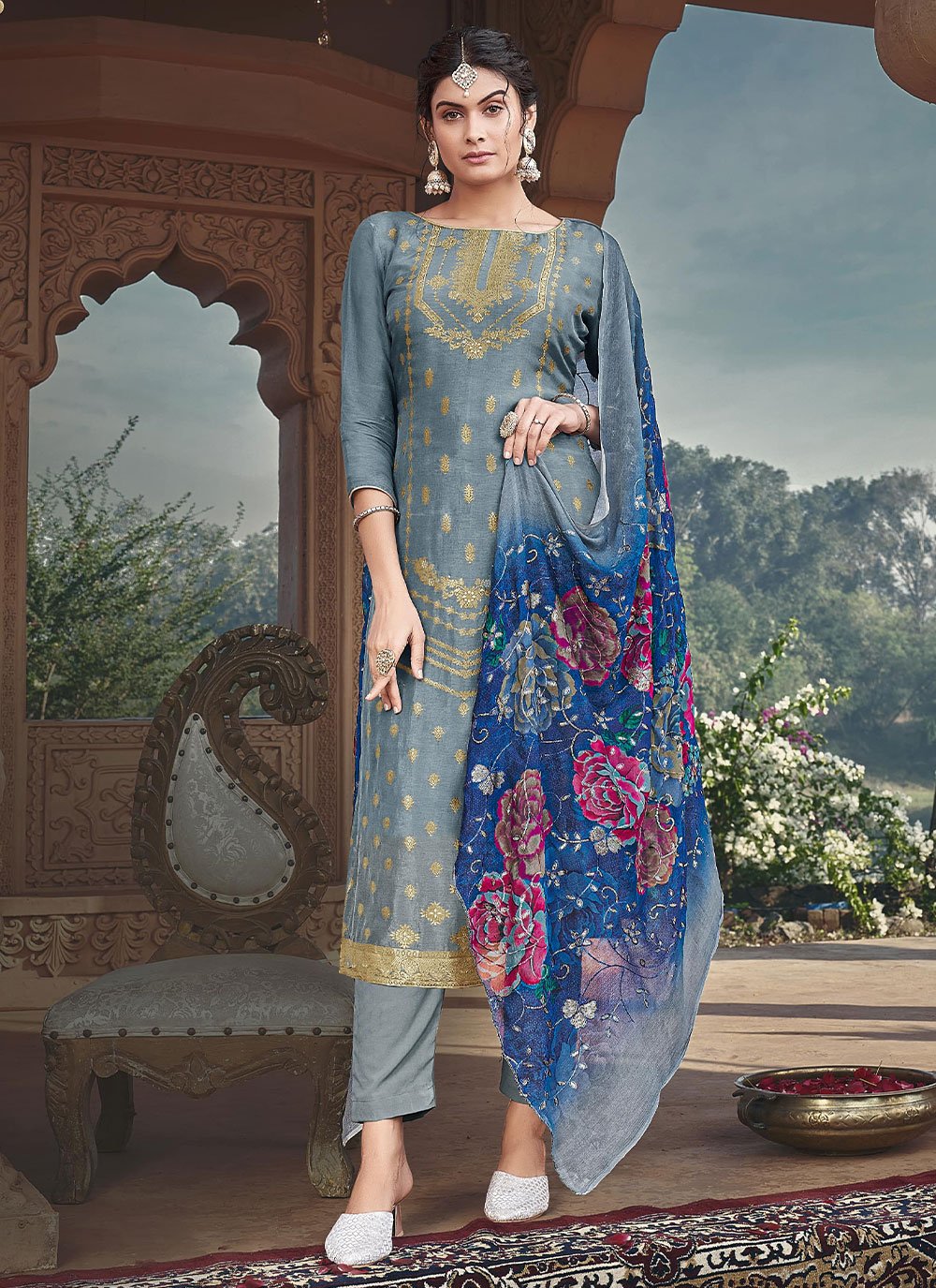 Straight Salwar Suit Silk Viscose Grey Digital Print Salwar Kameez