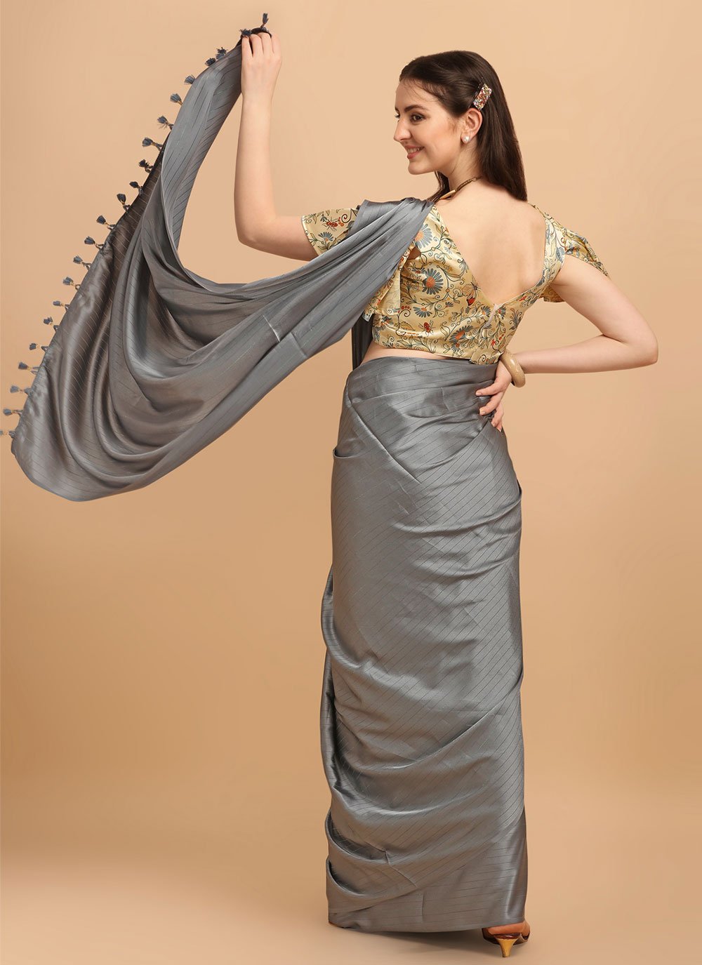 Trendy Saree Satin Silk Grey Strips Print Saree