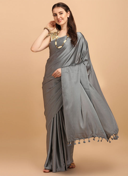 Trendy Saree Satin Silk Grey Strips Print Saree