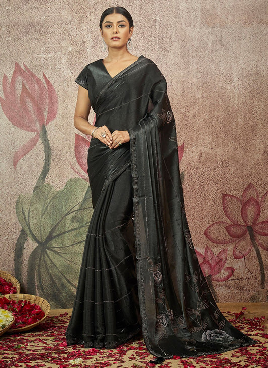 Classic Satin Silk Grey Embroidered Saree