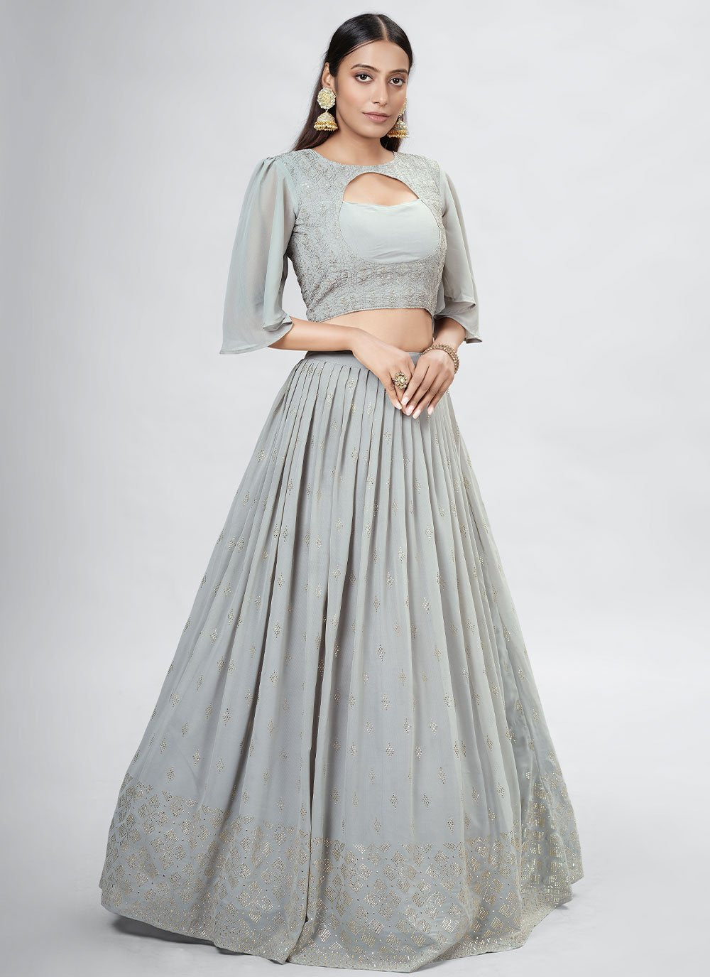 Readymade Lehenga Choli Georgette Grey Mukesh Work Lehenga Choli