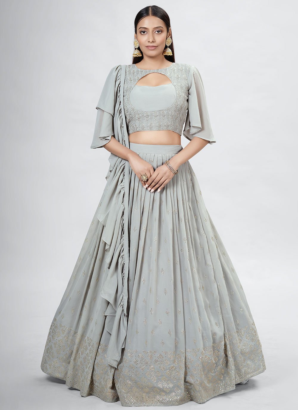 Readymade Lehenga Choli Georgette Grey Mukesh Work Lehenga Choli