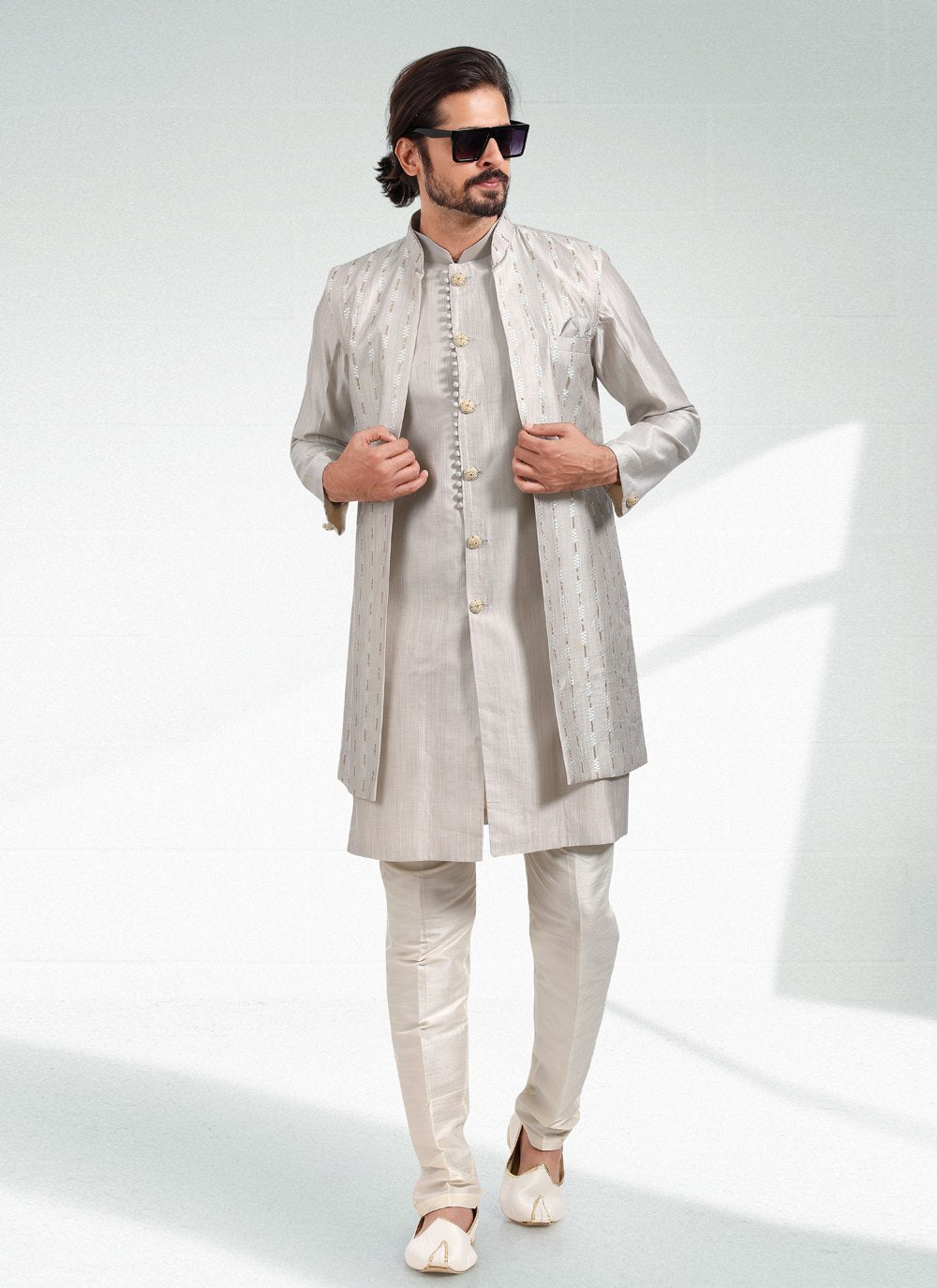 Kurta Payjama With Jacket Art Banarasi Silk Grey Thread Mens