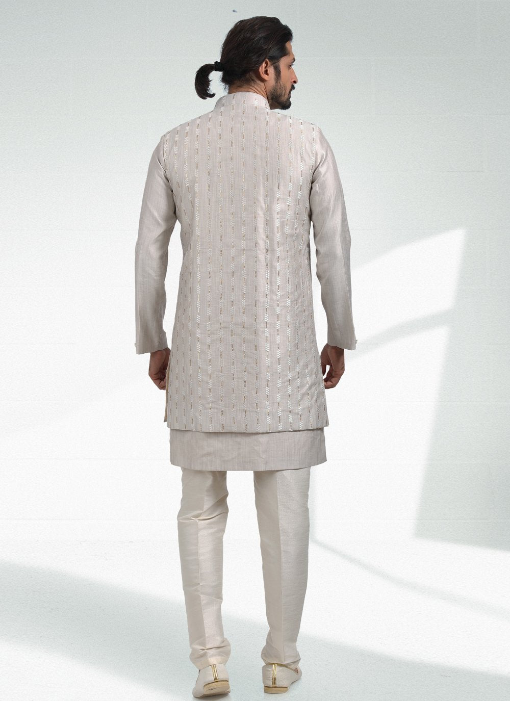 Kurta Payjama With Jacket Art Banarasi Silk Grey Thread Mens