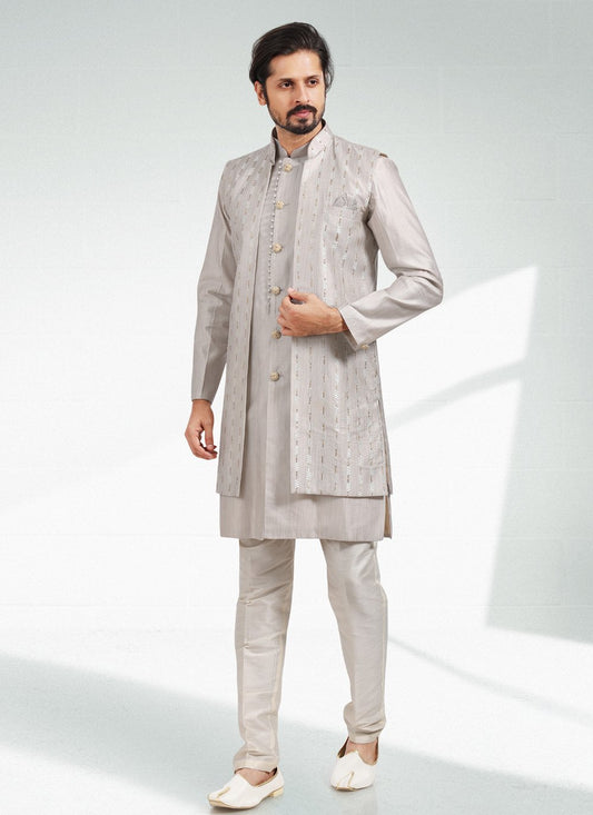 Kurta Payjama With Jacket Art Banarasi Silk Grey Thread Mens