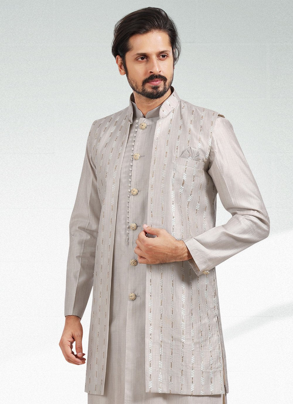 Kurta Payjama With Jacket Art Banarasi Silk Grey Thread Mens