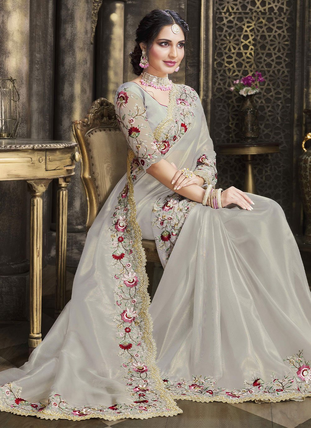 Classic Tissue Grey Embroidered Saree