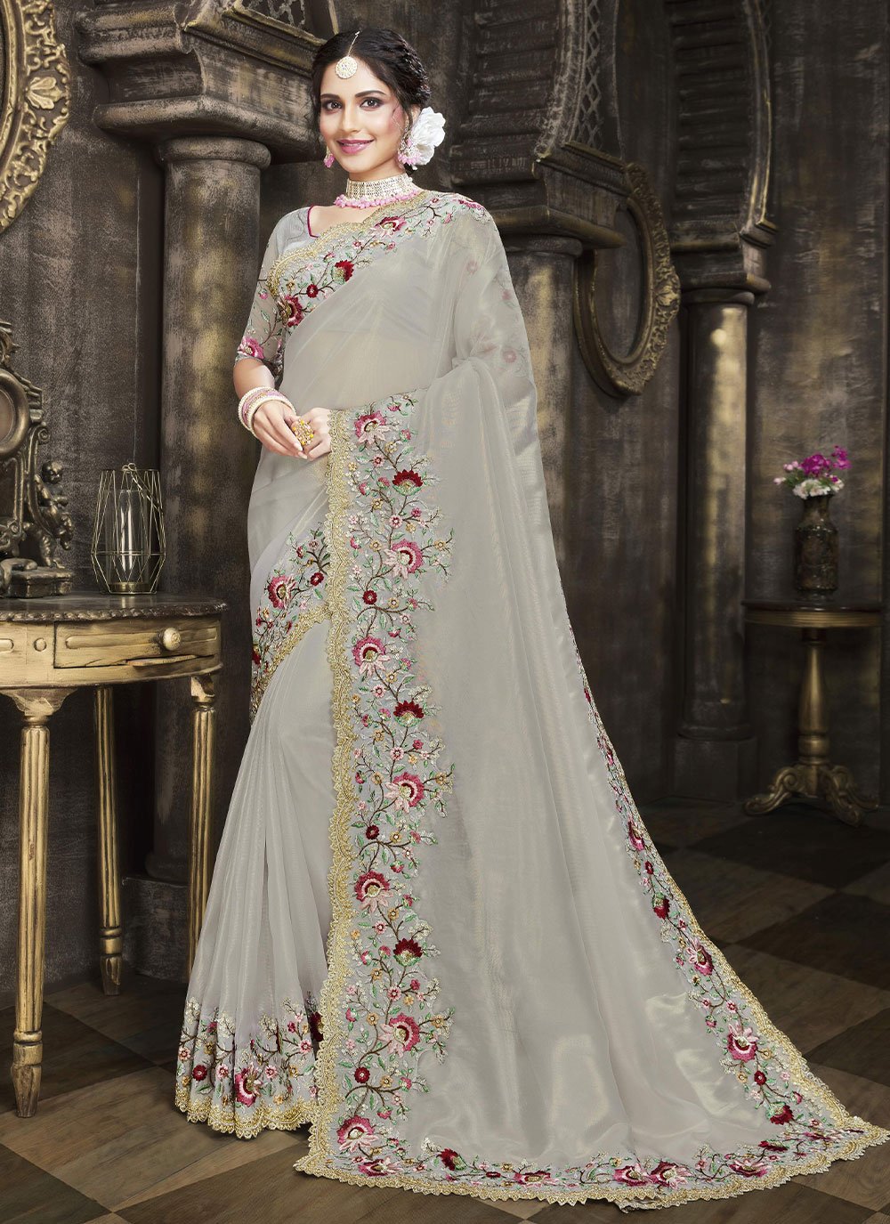 Classic Tissue Grey Embroidered Saree