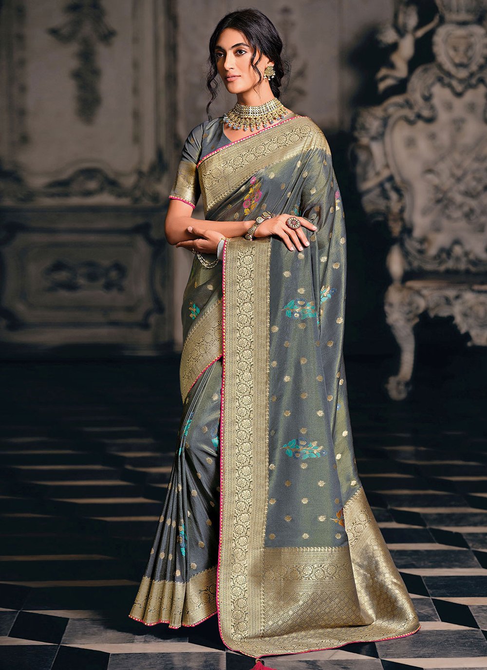 Designer Silk Tissue Grey Meenakari Saree