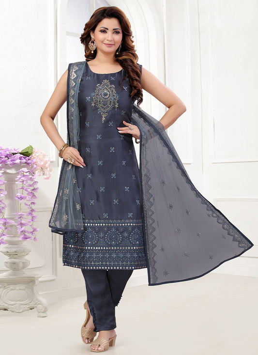 Salwar Suit Art Silk Grey Embroidered Salwar Kameez