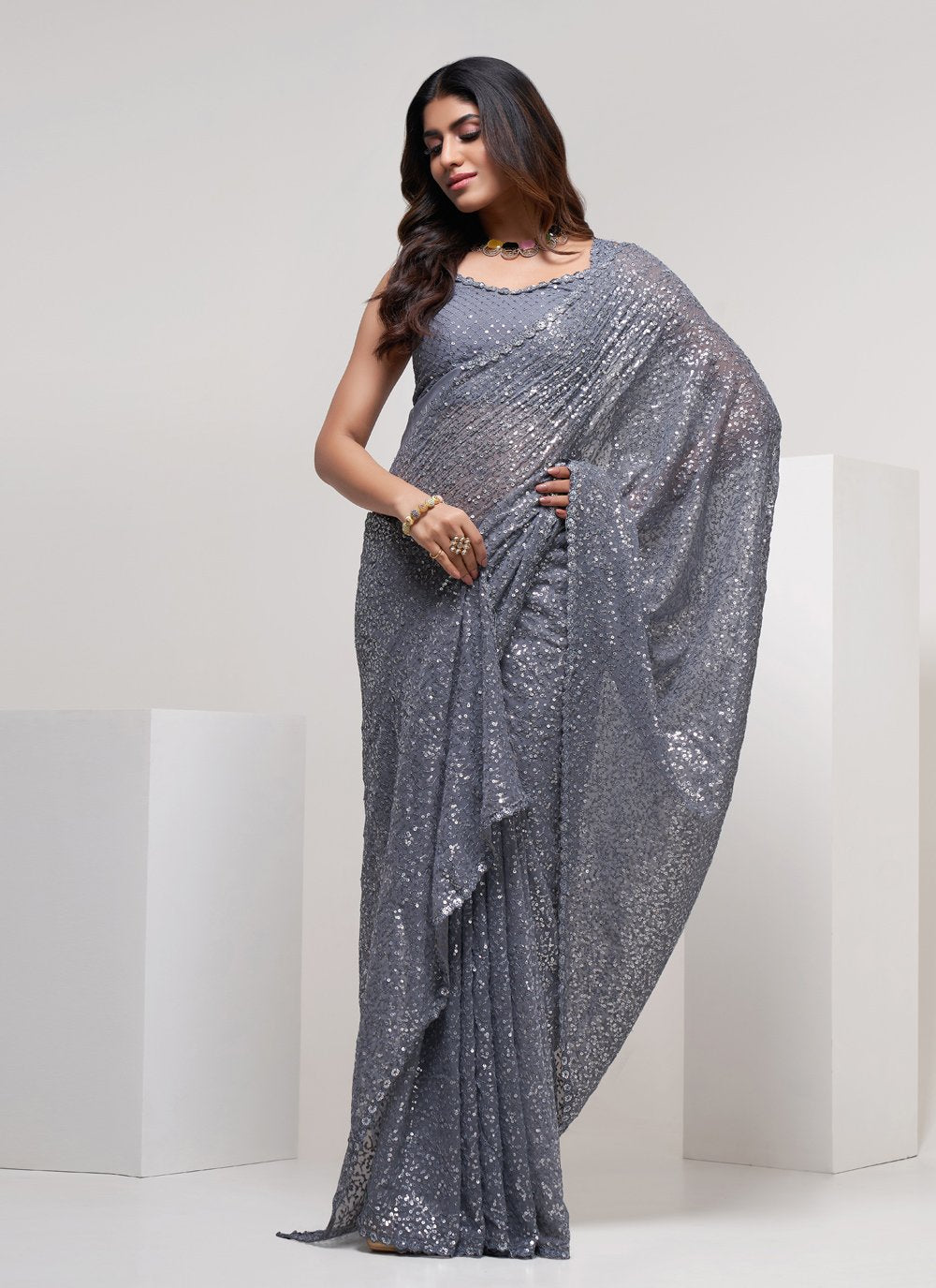 Trendy Saree Georgette Grey Embroidered Saree