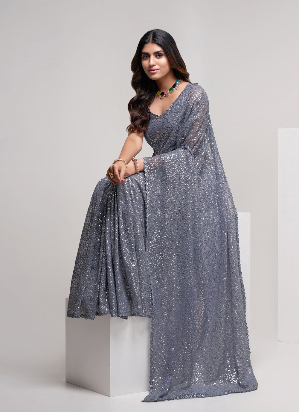 Trendy Saree Georgette Grey Embroidered Saree