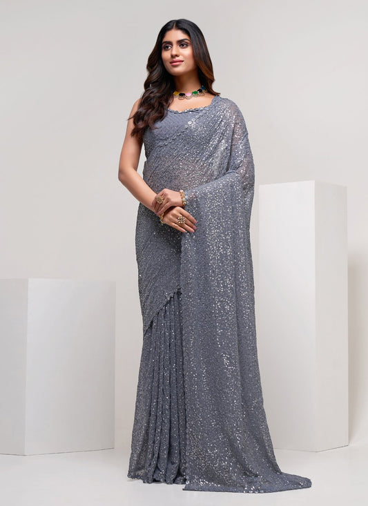 Trendy Saree Georgette Grey Embroidered Saree