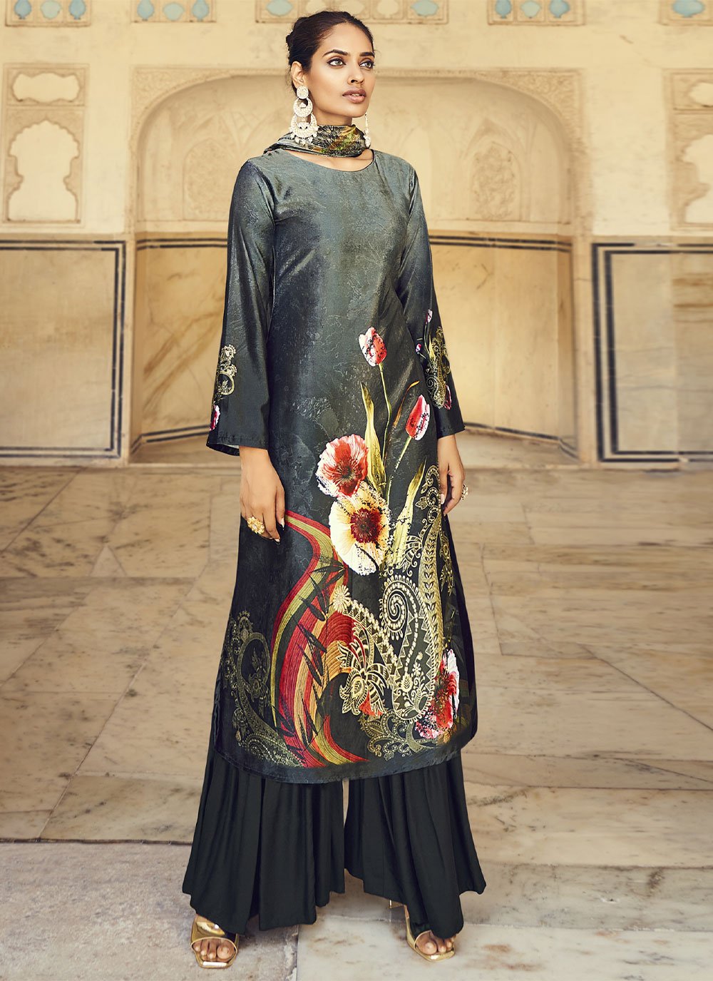 Salwar Suit Velvet Grey Digital Print Salwar Kameez