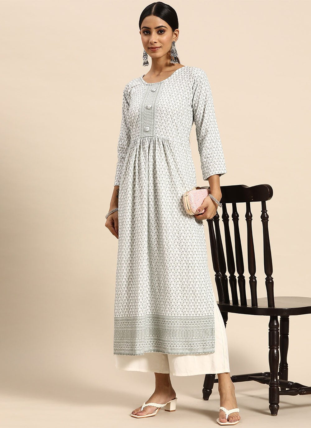 Party Wear Kurti Rayon Viscose Grey Embroidered Kurtis