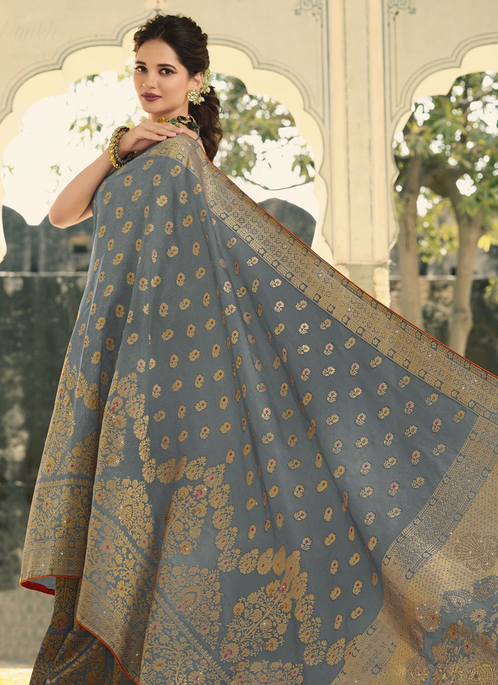 Classic Banarasi Silk Grey Swarovski Saree