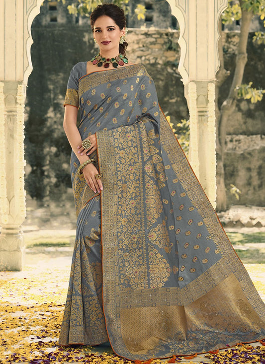 Classic Banarasi Silk Grey Swarovski Saree