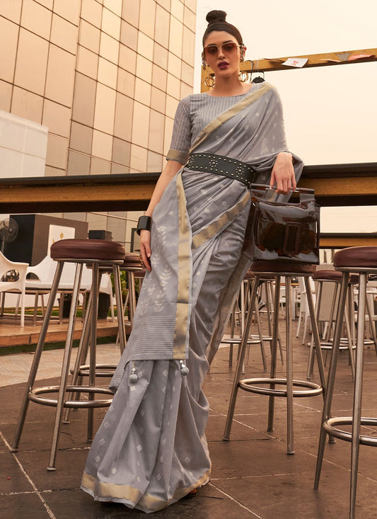 Contemporary Handloom Silk Viscose Grey Weaving Saree