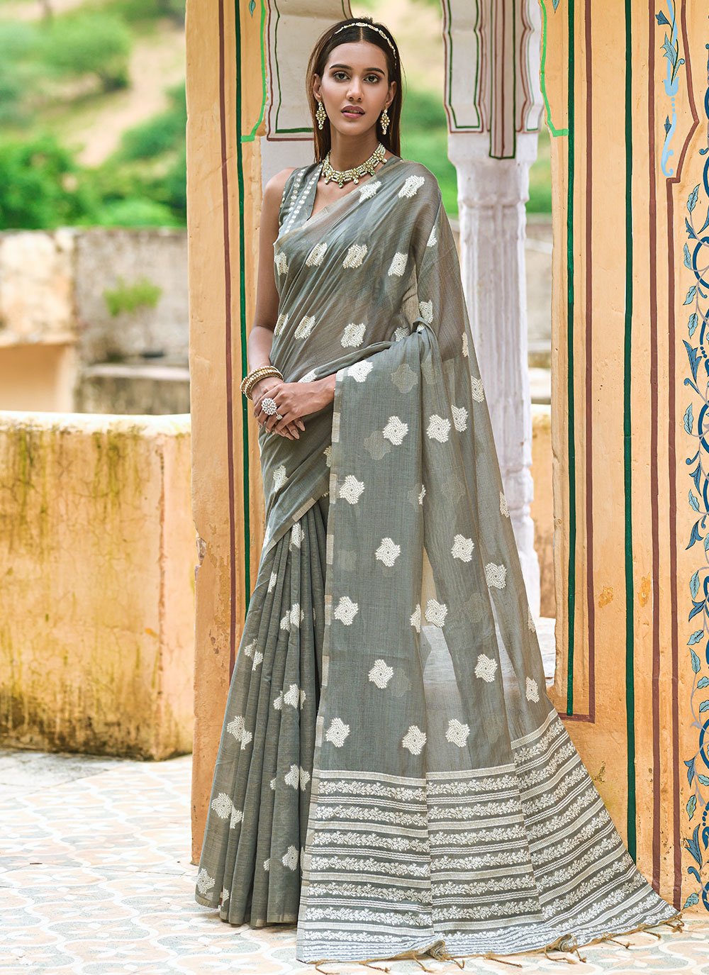 Classic Cotton Lucknowi Grey Weaving Saree