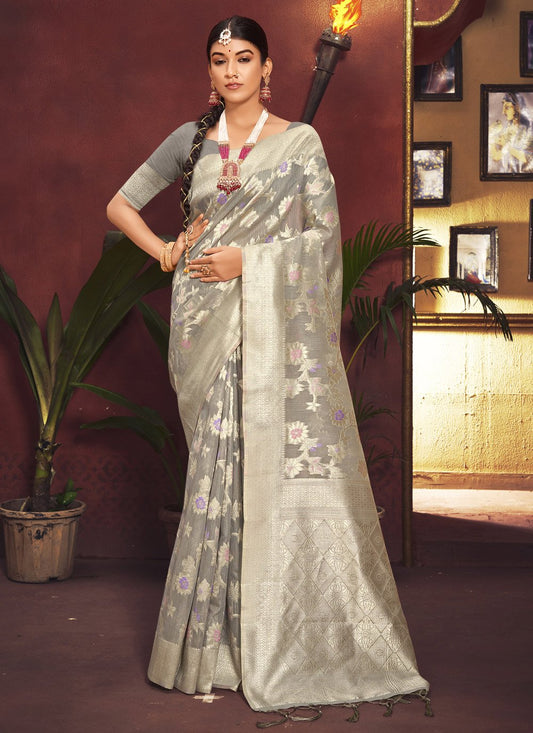 Designer Silk Grey Weaving Saree