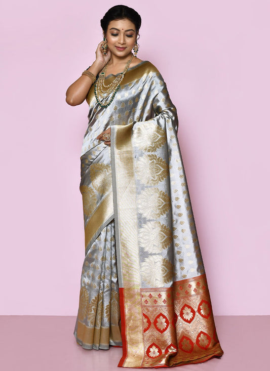 Trendy Saree Kanjivaram Silk Grey Weaving Saree