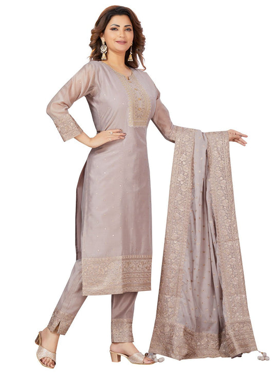 Salwar Suit Chanderi Grey Embroidered Salwar Kameez