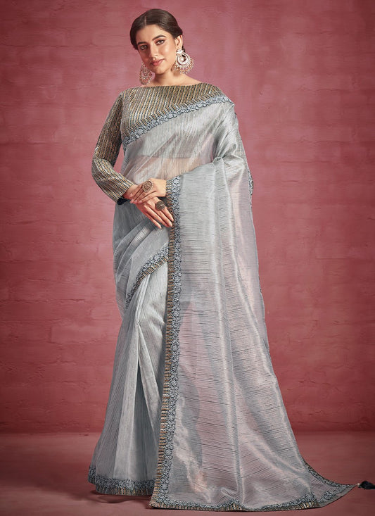 Contemporary Organza Silk Grey Lace Saree