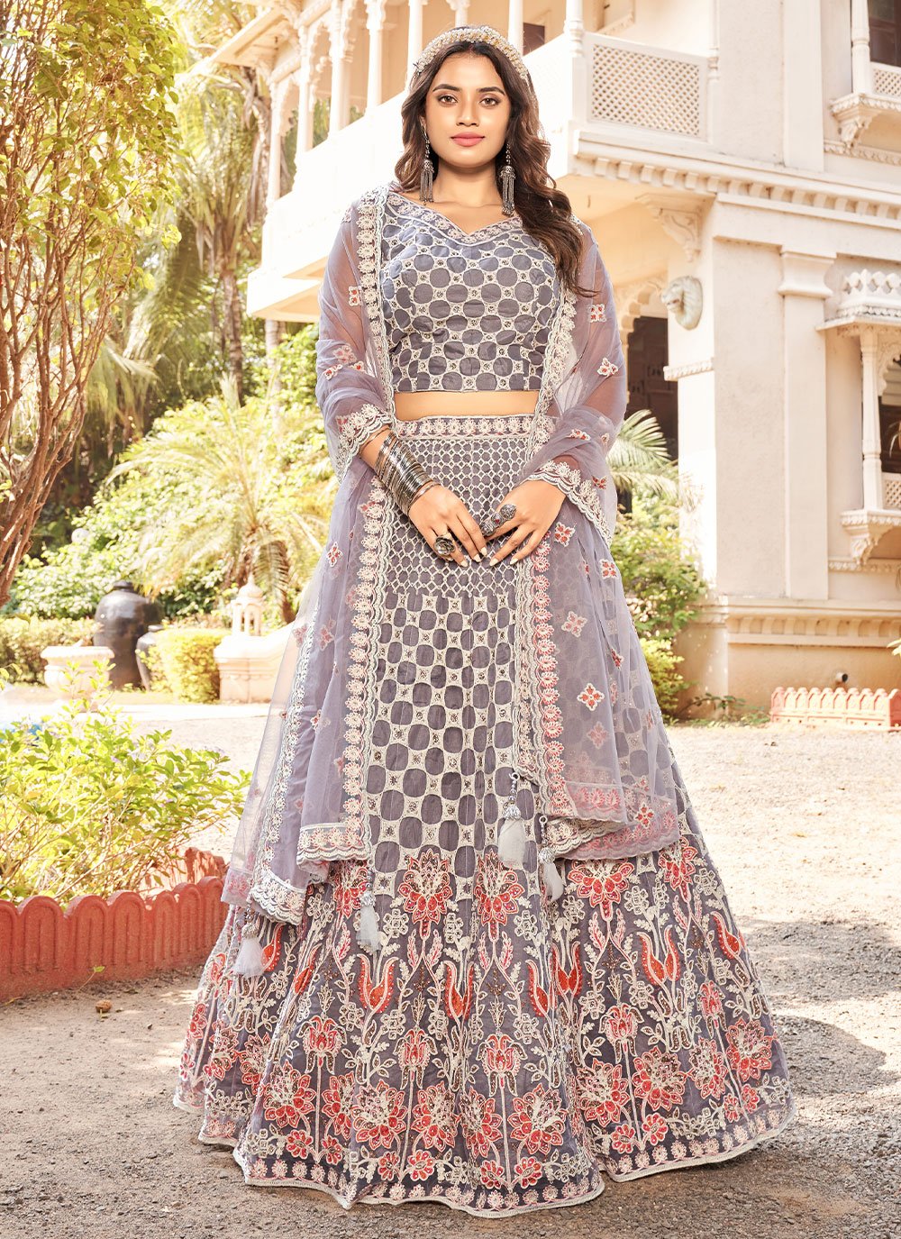 Lehenga Choli Net Grey Embroidered Lehenga Choli