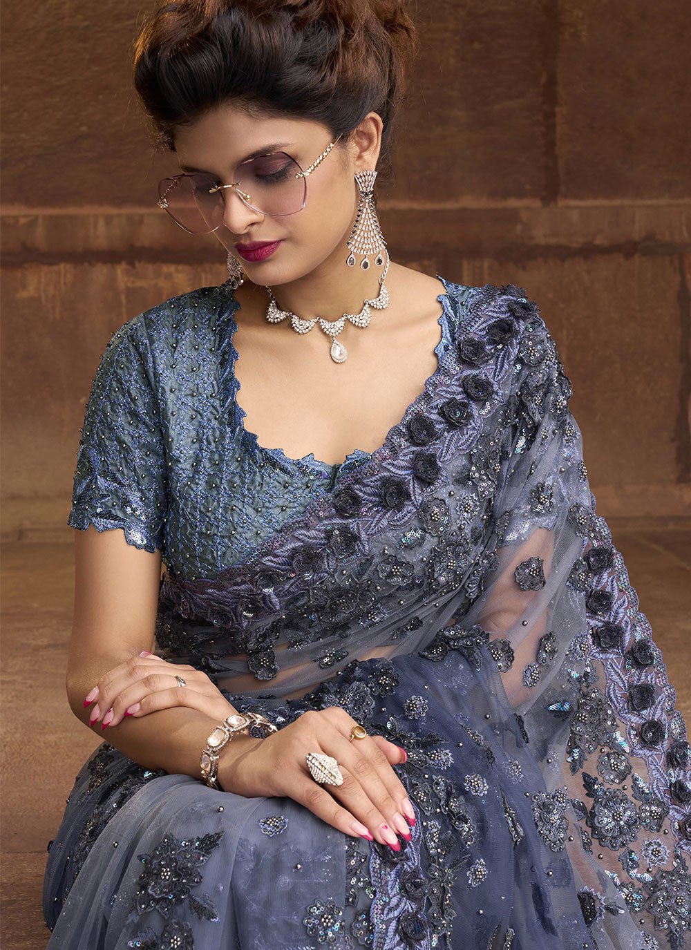 Contemporary Net Grey Embroidered Saree
