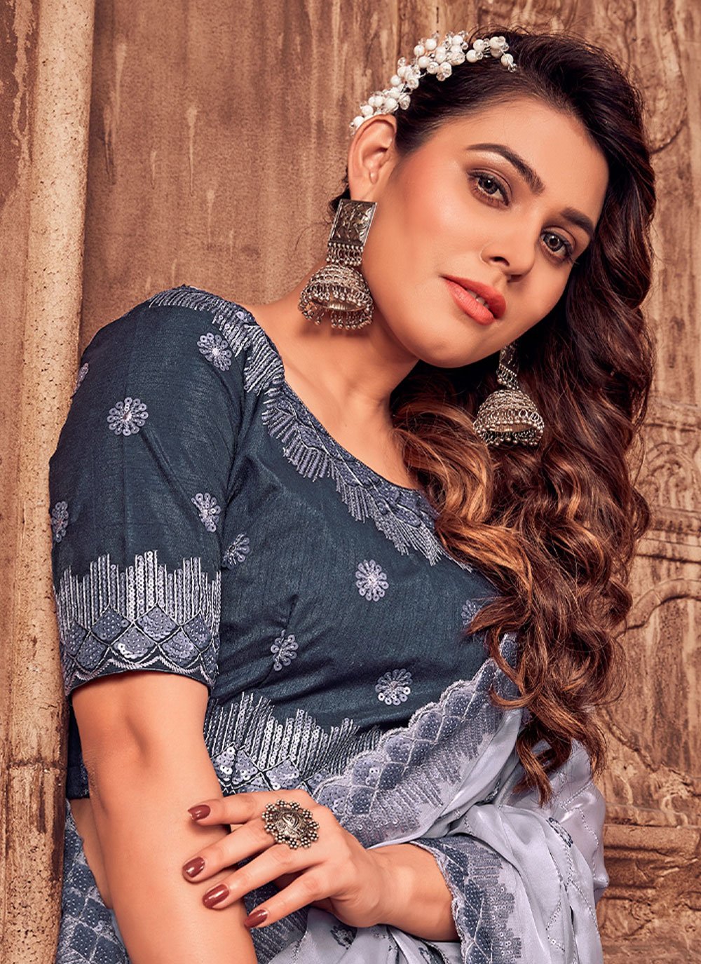 Classic Satin Silk Grey Embroidered Saree