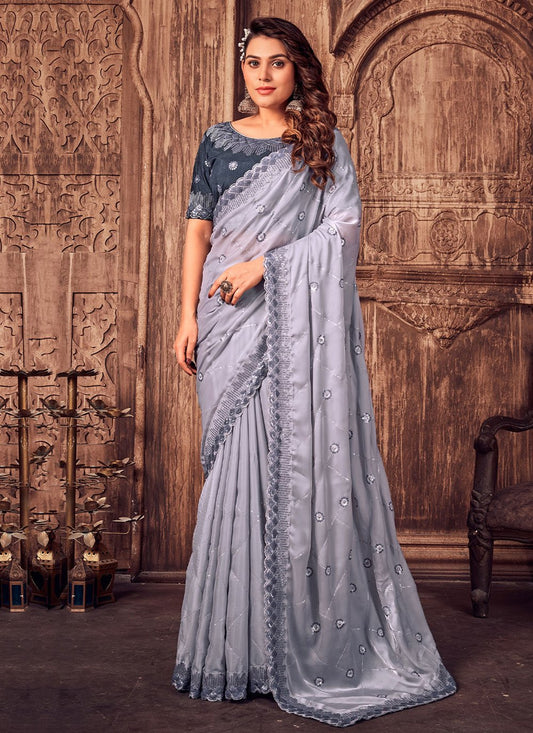 Classic Satin Silk Grey Embroidered Saree