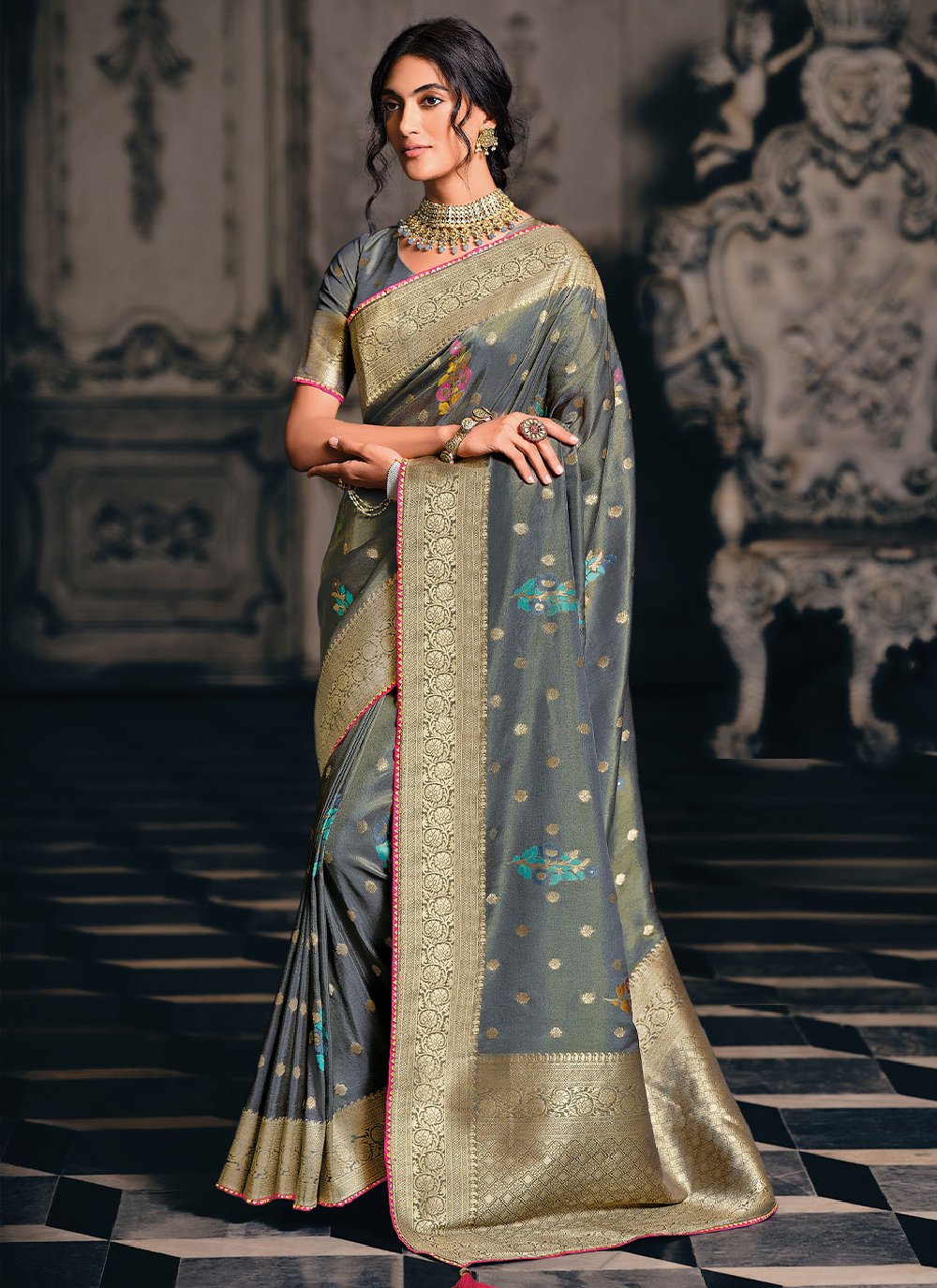 Classic Silk Tissue Grey Weaving Saree