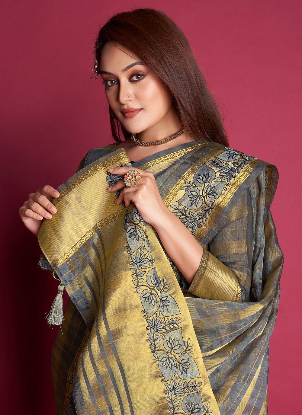 Contemporary Organza Silk Grey Embroidered Saree