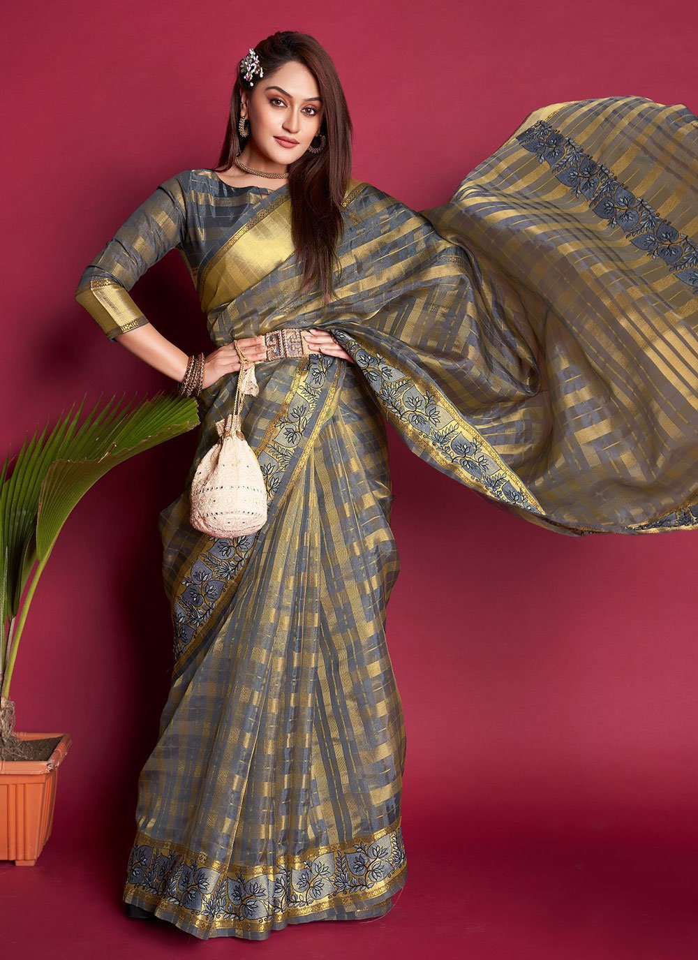 Contemporary Organza Silk Grey Embroidered Saree