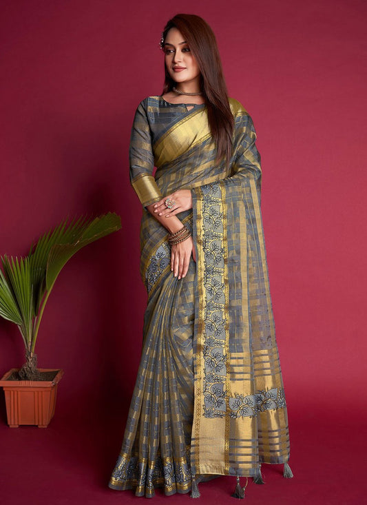 Contemporary Organza Silk Grey Embroidered Saree