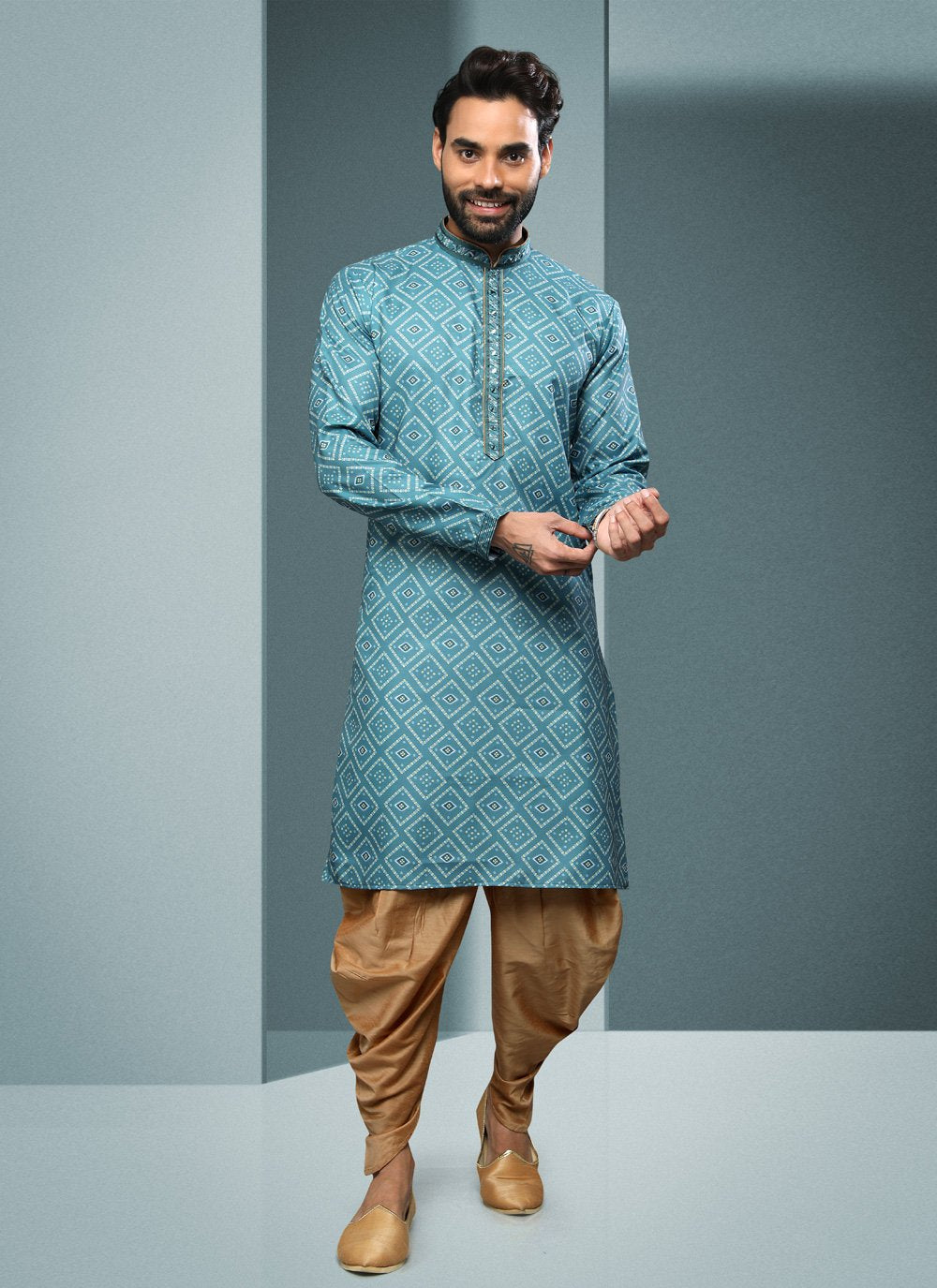 Dhoti Kurta Handloom Cotton Blue Digital Print Mens