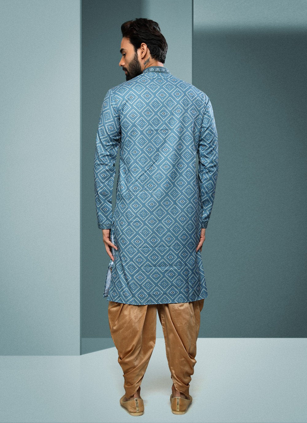 Dhoti Kurta Handloom Cotton Blue Digital Print Mens