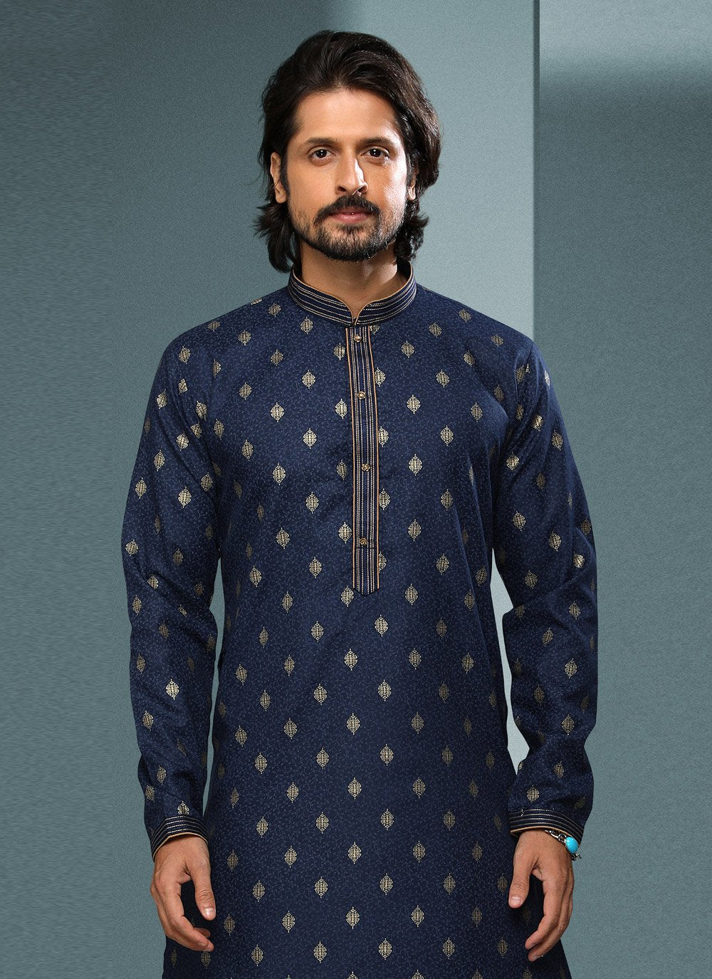 Dhoti Kurta Handloom Cotton Blue Digital Print Mens