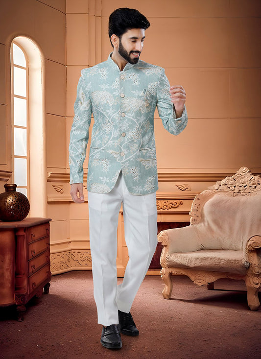 Jodhpuri Suit Handloom Cotton Blue Embroidered Mens