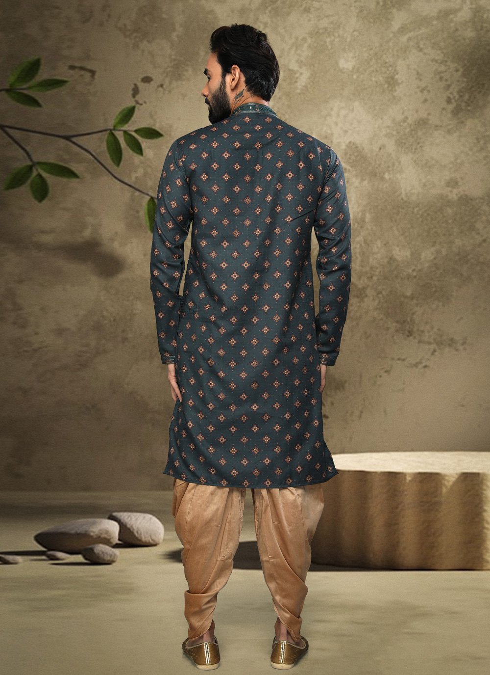 Dhoti Kurta Handloom Cotton Green Digital Print Mens