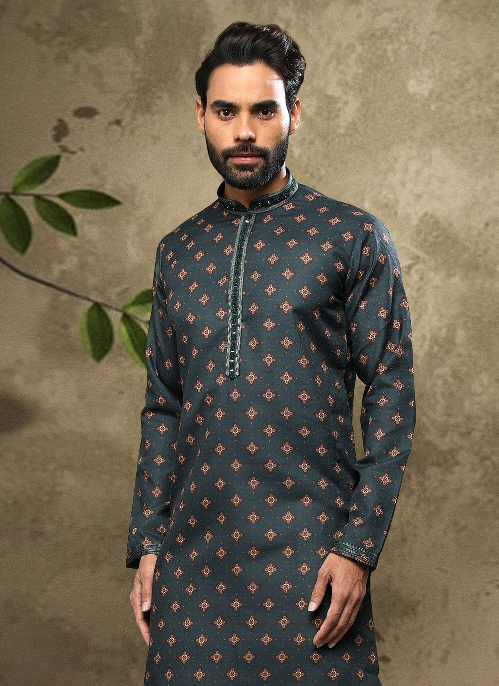 Dhoti Kurta Handloom Cotton Green Digital Print Mens