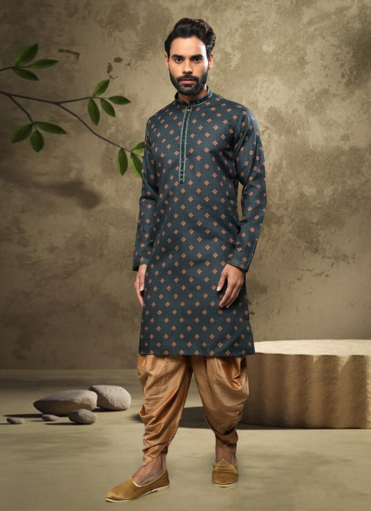 Dhoti Kurta Handloom Cotton Green Digital Print Mens