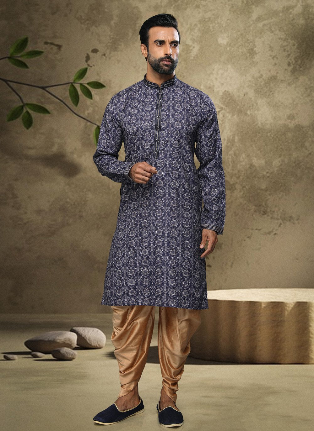 Dhoti Kurta Handloom Cotton Blue Digital Print Mens