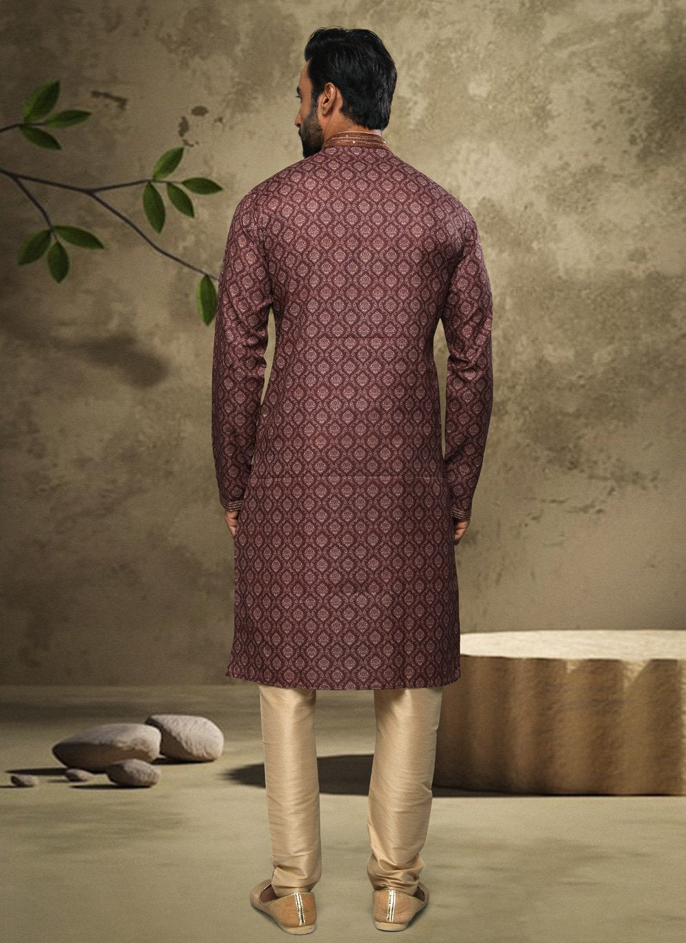 Kurta Pyjama Handloom Cotton Brown Digital Print Mens