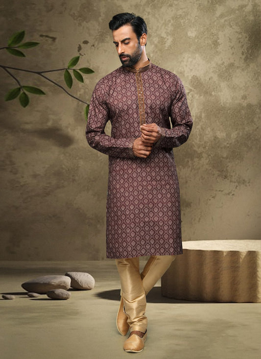 Kurta Pyjama Handloom Cotton Brown Digital Print Mens