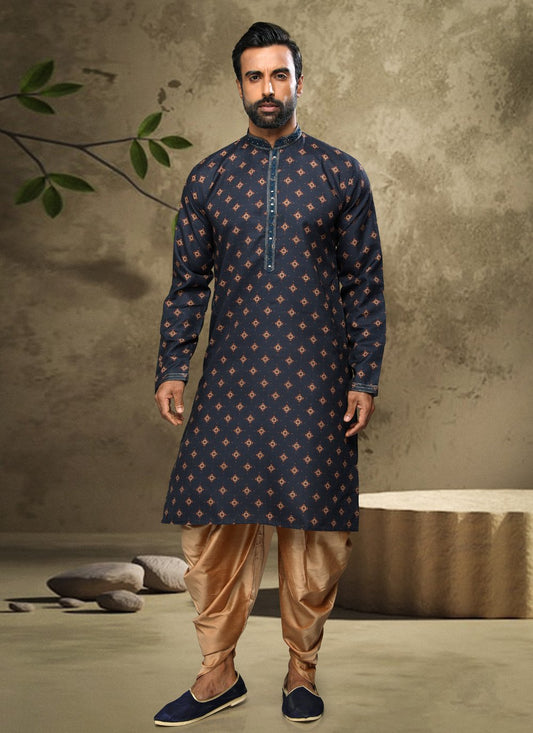 Dhoti Kurta Handloom Cotton Blue Digital Print Mens