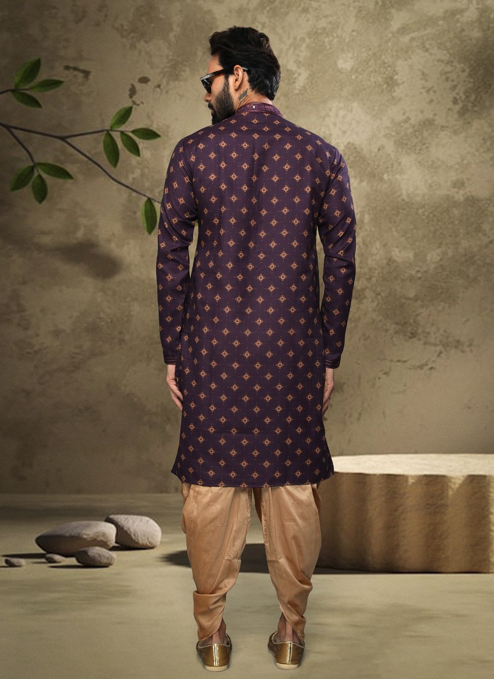 Dhoti Kurta Handloom Cotton Purple Digital Print Mens