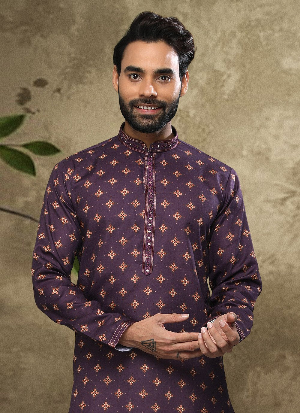 Dhoti Kurta Handloom Cotton Purple Digital Print Mens