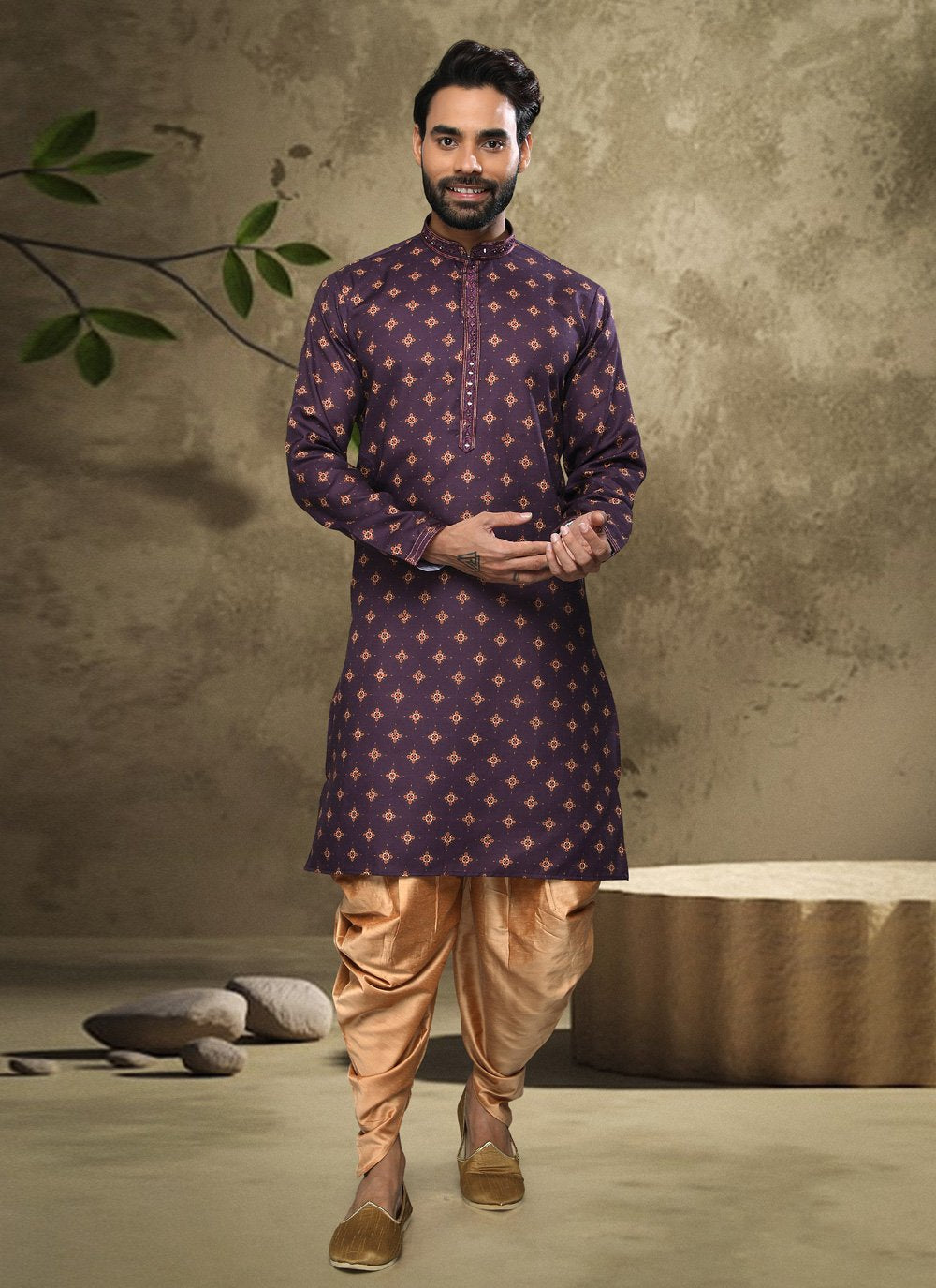 Dhoti Kurta Handloom Cotton Purple Digital Print Mens