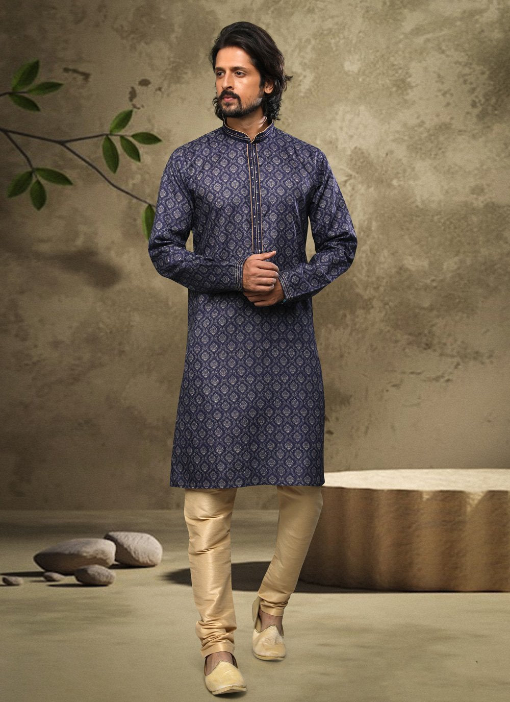 Kurta Pyjama Handloom Cotton Blue Digital Print Mens